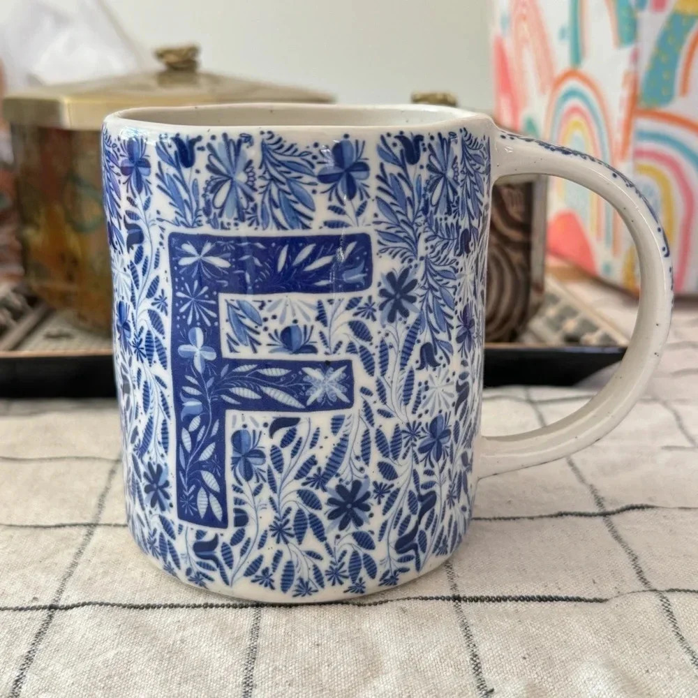 Anthropologie home mug monogrammed folksong handle coffee tea F Initial cobalt
